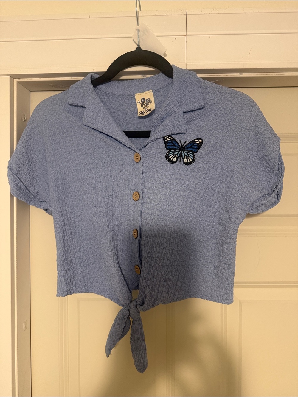 Light Blue Tie-Front Butterfly Button-Up Crop Top